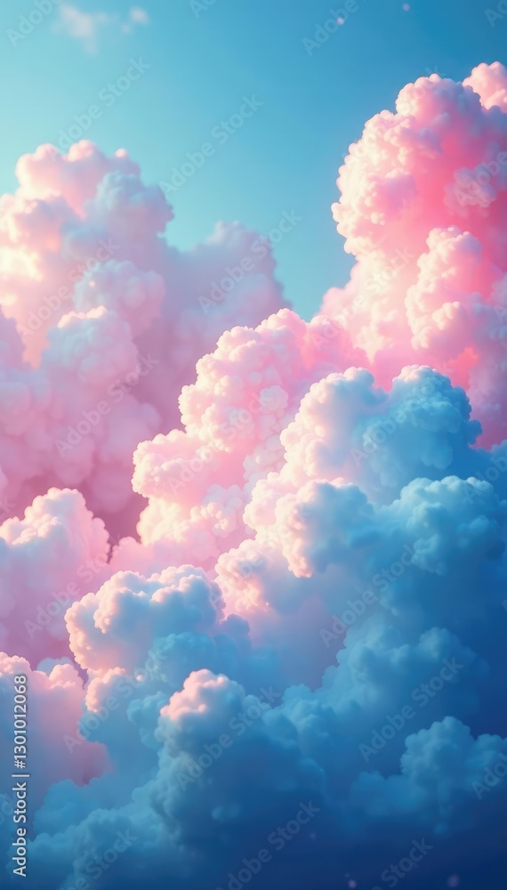 Fototapeta premium Swirling soft pastel clouds in blue and pink hues, atmospheric, yellow