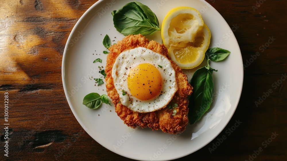 Crispy breaded fried chicken cutlet with fried egg on, basil leaves and lemon slices served on white plate on wooden table Crispy breaded fried chicken cutlet with fried egg on, basil leaves and lemon slices served on white plate on wooden table