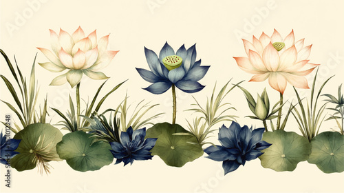 Elegant Lotus Flower Vector with Green Leaves and Grasses in Pastel Colors, Artistic Floral Design Featuring Blue and White Petals on Beige Background