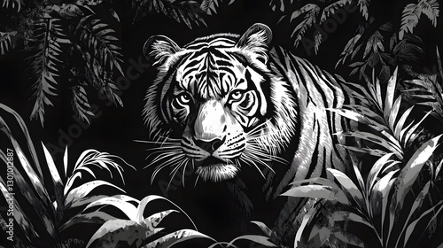 Wallpaper Mural Majestic Tiger Emerging from Lush Jungle in Black and White Art Torontodigital.ca