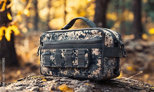 Camouflage bag resting on log in autumn forest photo