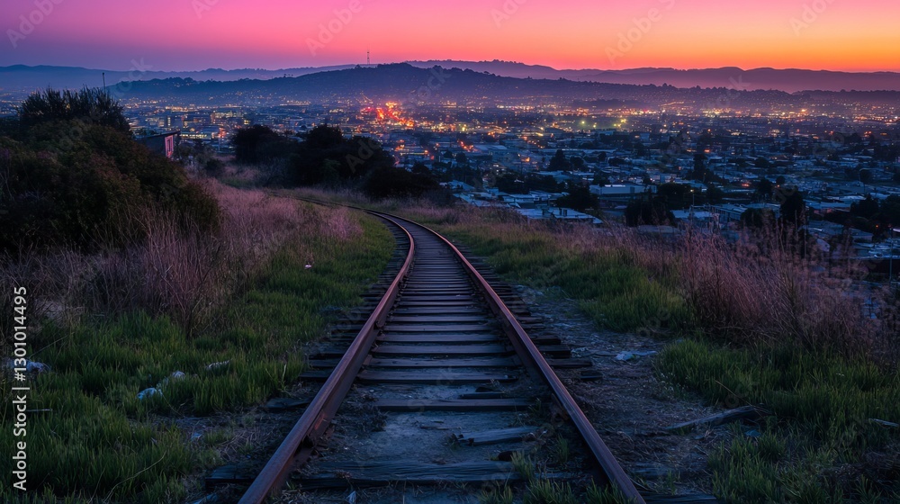 Serene Sunset Cityscape View from Elevated Railroad Tracks Scenic Landscape Photography Peaceful Evening Urban Railroad Tracks Twilight City Lights Serene Sunset Cityscape View from Elevated Railroad Tracks Scenic Landscape Photography Peaceful Evening Urban Railroad Tracks Twilight City Lights