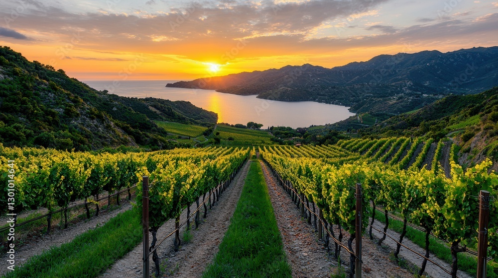 Naklejka premium Sunset Over Vineyard and Lake with Lush Green Grapevines