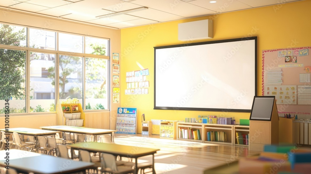 A bright and spacious empty classroom setting indoors with tables and chairs A bright and spacious empty classroom setting indoors with tables and chairs