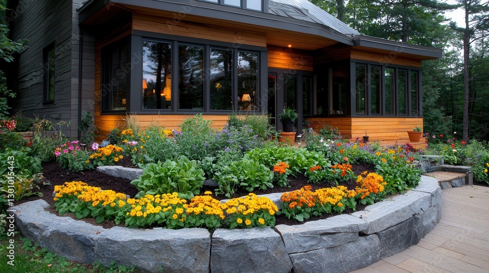 Fototapeta premium Beautiful Home Garden with Colorful Flowers and Lush Greenery