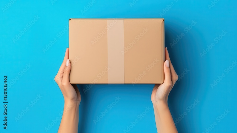 Hands holding a plain package with a shipping label, modern ecommerce delivery theme Hands holding a plain package with a shipping label, modern ecommerce delivery theme