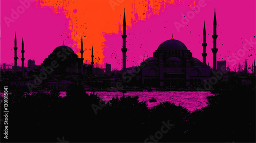 Vibrant Istanbul Skyline Vector Art with Iconic Mosques and Minarets in Bold Pink and Orange Tones Overlooking a Silhouette of Cityscape and Water Reflection