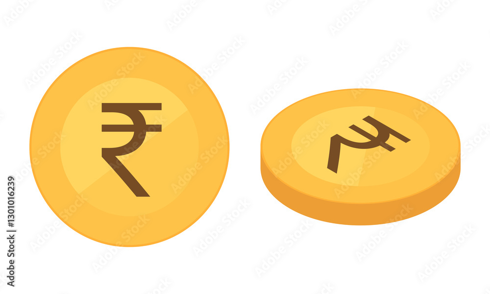 Fototapeta premium Set of flat and isometric gold Rupee coins. Vector illustration isolated on a white background
