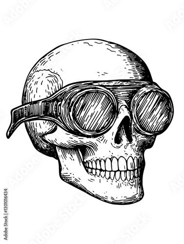 Vector engraved illustration of a skull wearing vintage goggles designed for product inspiration and artistic applications