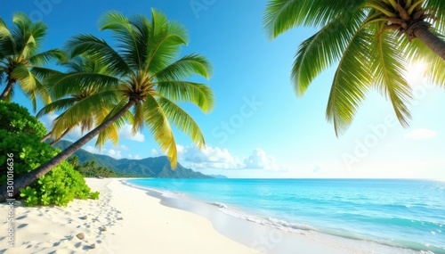 Palm trees sway in breeze  white sand beach pristine  paradise  clouds  green