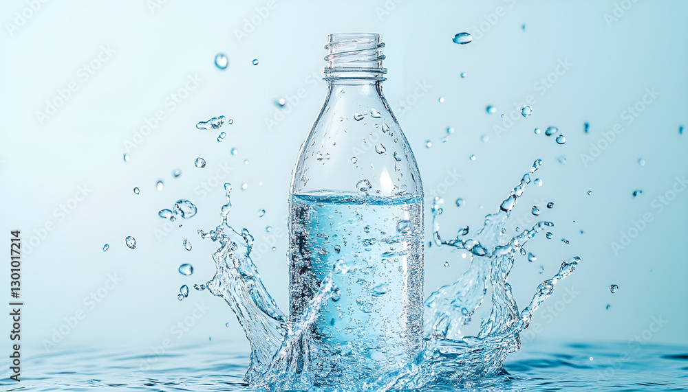 Bottle of water and splashes on light blue background Bottle of water and splashes on light blue background