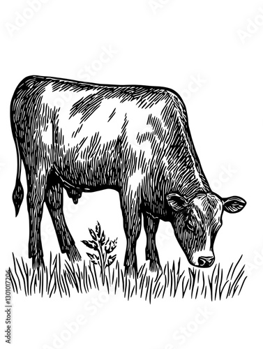 Vector engraved illustration of a grazing cow in a grassy field for product design and branding