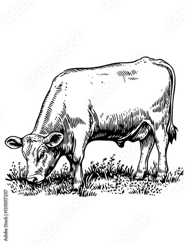 Engraved illustration of a grazing cow on a grassy field for product design