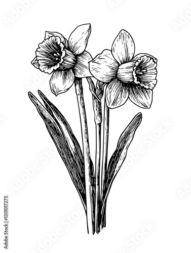 Vector engraved illustration of daffodils for product design and artistic use showcasing detailed floral features and natural elements