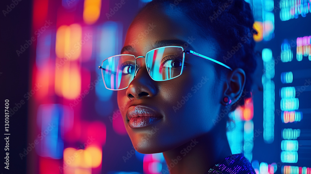 confident woman with glasses poses against vibrant, colorful background, showcasing modern and tech inspired aesthetic. Her expression reflects determination and intelligence confident woman with glasses poses against vibrant, colorful background, showcasing modern and tech inspired aesthetic. Her expression reflects determination and intelligence
