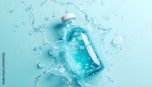 Bottle of water and splashes on light blue background