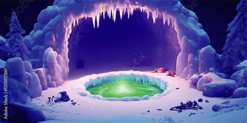 Mysterious Winter Cavern with Luminous Green Pool, Snowy Pine Trees, and Icicles in a Snow-Covered Landscape: Explore the Mesmerizing Frozen Wonderland