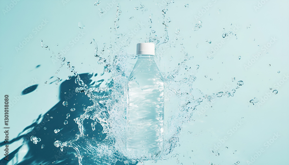 Bottle of water and splashes on light blue background Bottle of water and splashes on light blue background