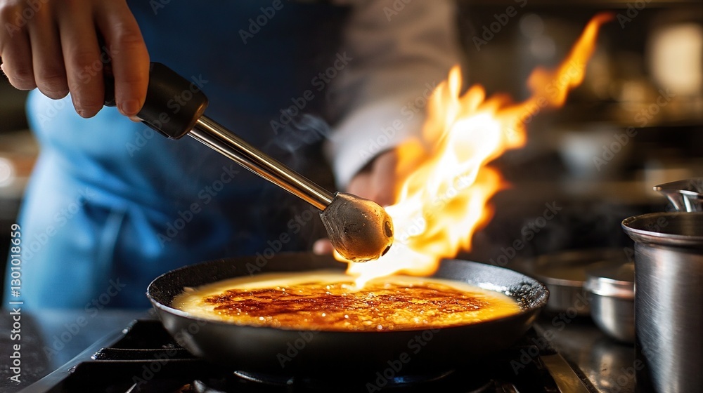 Close-up of a chef caramelizing the top of crème brûlée with a blowtorch. Golden crust forming on the creamy dessert highlights precision and culinary craftsmanship. Generative by AI Close-up of a chef caramelizing the top of crème brûlée with a blowtorch. Golden crust forming on the creamy dessert highlights precision and culinary craftsmanship. Generative by AI