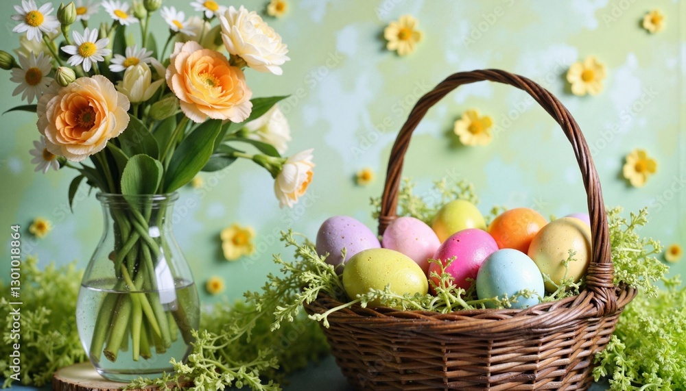 Easter basket with colorful eggs and flowers on green background