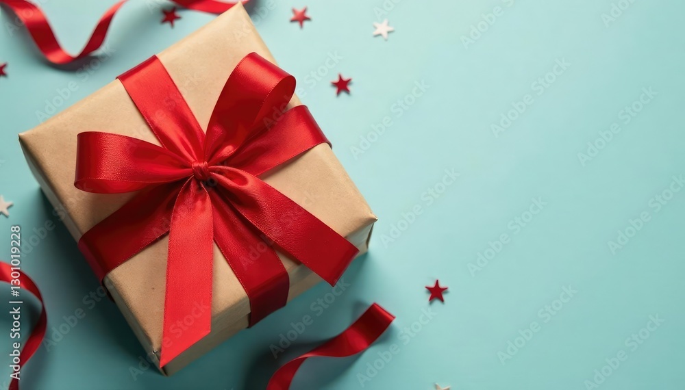 Gift box wrapped in brown kraft paper with a red bow, celebration, birthday, Gift box wrapped in brown kraft paper with a red bow, celebration, birthday,
