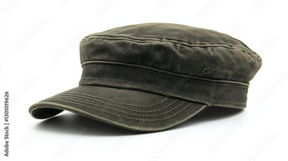 A military-style cadet cap in olive green, isolated white background A military-style cadet cap in olive green, isolated white background