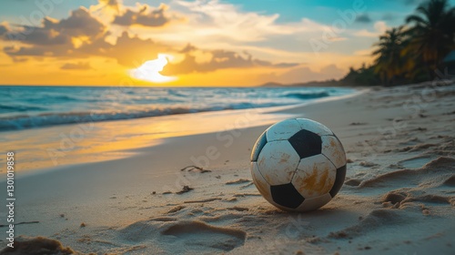 Beach soccer ball during golden hour  calm sea  summer relaxation vibes