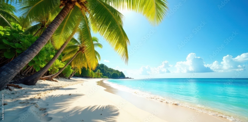 Sun-drenched beach, palm trees sway gently in breeze, palm tree leaves, relaxing, scenic Sun-drenched beach, palm trees sway gently in breeze, palm tree leaves, relaxing, scenic