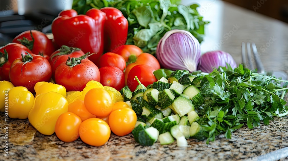 Fresh vegetable salad in a bowl surrounded by colorful produce, including cherry tomatoes and bell peppers, on a kitchen counter. Bright natural lighting enhances the freshness. Generative AI Fresh vegetable salad in a bowl surrounded by colorful produce, including cherry tomatoes and bell peppers, on a kitchen counter. Bright natural lighting enhances the freshness. Generative AI