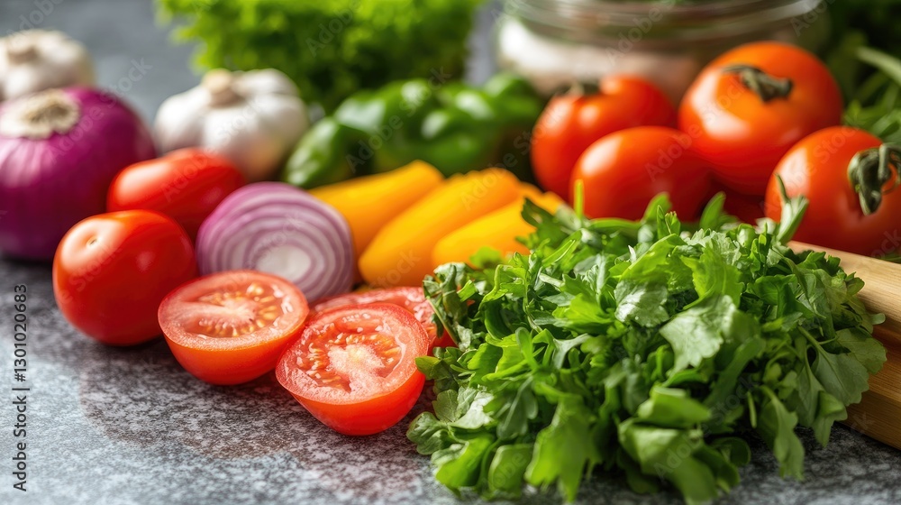 Fresh vegetable salad in a bowl surrounded by colorful produce, including cherry tomatoes and bell peppers, on a kitchen counter. Bright natural lighting enhances the freshness. Generative AI Fresh vegetable salad in a bowl surrounded by colorful produce, including cherry tomatoes and bell peppers, on a kitchen counter. Bright natural lighting enhances the freshness. Generative AI