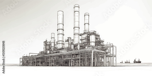 Vector Illustration of Industrial Oil Refinery with Offshore Ships, Complex Piping, and Smoke Stacks for Energy Production and Industrial Engineering
