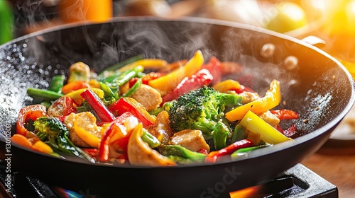 Close-up of steaming stir-fried vegetables in a pan, including bell peppers, zucchini, and onions. Highlights the vibrant colors and freshness of the ingredients. Generative AI