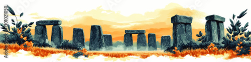 Beautiful Vector Illustration of Stonehenge Amidst Vibrant Orange Sunrise and Greenery - Perfect for Historical Art, Scenic Landscapes, Nature Themed Artwork and Decor