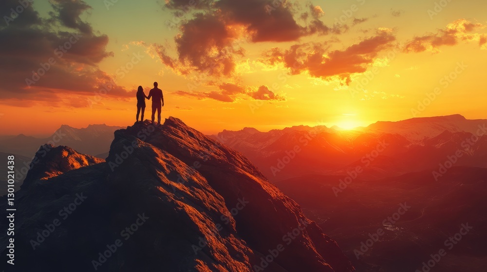 Silhouetted couple standing on a mountain peak during a vibrant sunset with vivid colors in the sky. Generative AI Silhouetted couple standing on a mountain peak during a vibrant sunset with vivid colors in the sky. Generative AI
