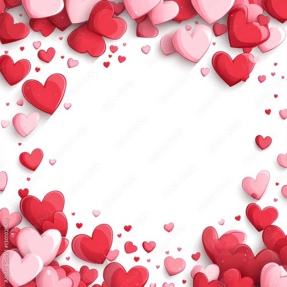 Colorful hearts in various shades of red and pink create festive border, perfect for romantic occasions or celebrations. empty center invites personal messages or images Colorful hearts in various shades of red and pink create festive border, perfect for romantic occasions or celebrations. empty center invites personal messages or images
