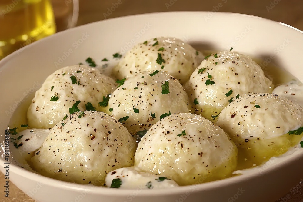 A bowl of fluffy ricotta dumplings, bathed in savory broth, sprinkled with herbs and pepper, offering a comforting, homemade Italian culinary experience. A bowl of fluffy ricotta dumplings, bathed in savory broth, sprinkled with herbs and pepper, offering a comforting, homemade Italian culinary experience.