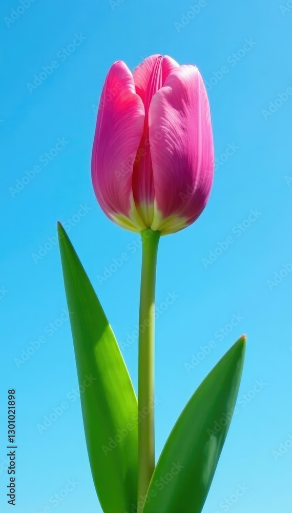 Pink tulip stem with green leaves against a clear blue sky, flower, tree Pink tulip stem with green leaves against a clear blue sky, flower, tree
