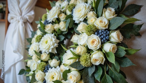Floral wreath with white roses and greenery on neutral background