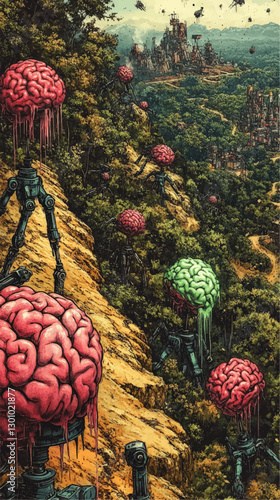 Futuristic Landscape with Robotic Brain Structures on Mechanical Legs in Forested Valley Near Dystopian City - Sci-Fi Art Illustrations and Fantasy Worlds