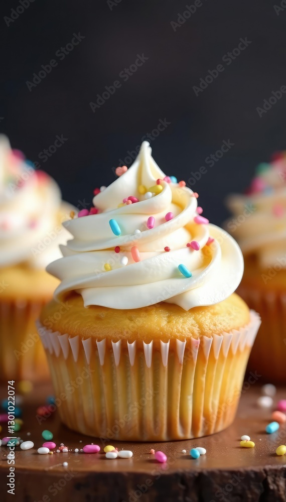 Plain cupcake with a generous dollop of white cream and colorful sprinkles on top, dessert, sweet treats Plain cupcake with a generous dollop of white cream and colorful sprinkles on top, dessert, sweet treats