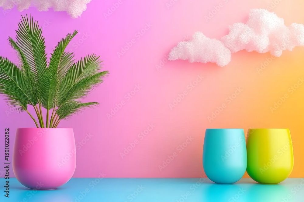 A clean and soft minimalist oasis scene with pastel colors and simple shapes A clean and soft minimalist oasis scene with pastel colors and simple shapes