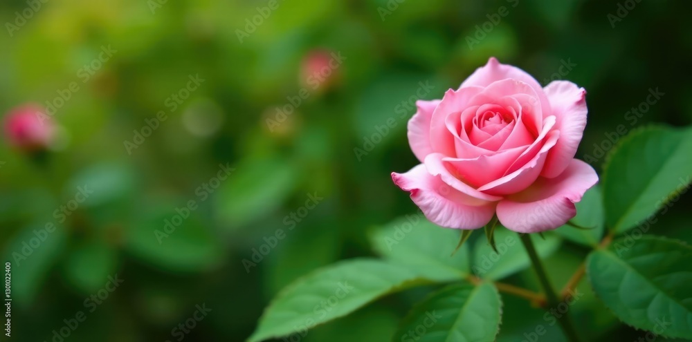Single delicate pink rose blooming in a garden among lush greenery, nature, roses Single delicate pink rose blooming in a garden among lush greenery, nature, roses