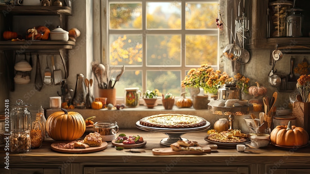 Rustic kitchen with a pumpkin pie and baking ingredients on a wooden table, illuminated by warm light. Generative AI Rustic kitchen with a pumpkin pie and baking ingredients on a wooden table, illuminated by warm light. Generative AI