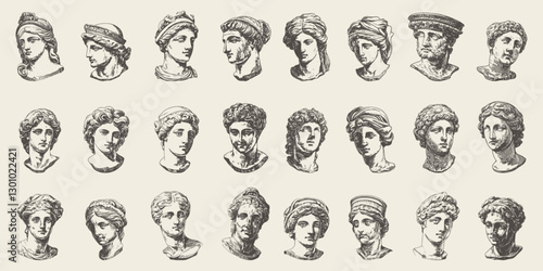 Diverse collection showcasing multiple antique sculpture heads in line art style capturing the grace and essence of art history.
