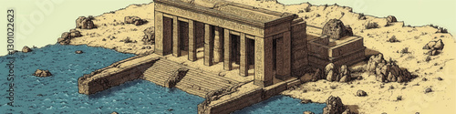 Ancient Egyptian Temple Vector Art with Hieroglyphics by Water - Architectural Illustration of Ruins and Desert Landscape with Rocks and Columns