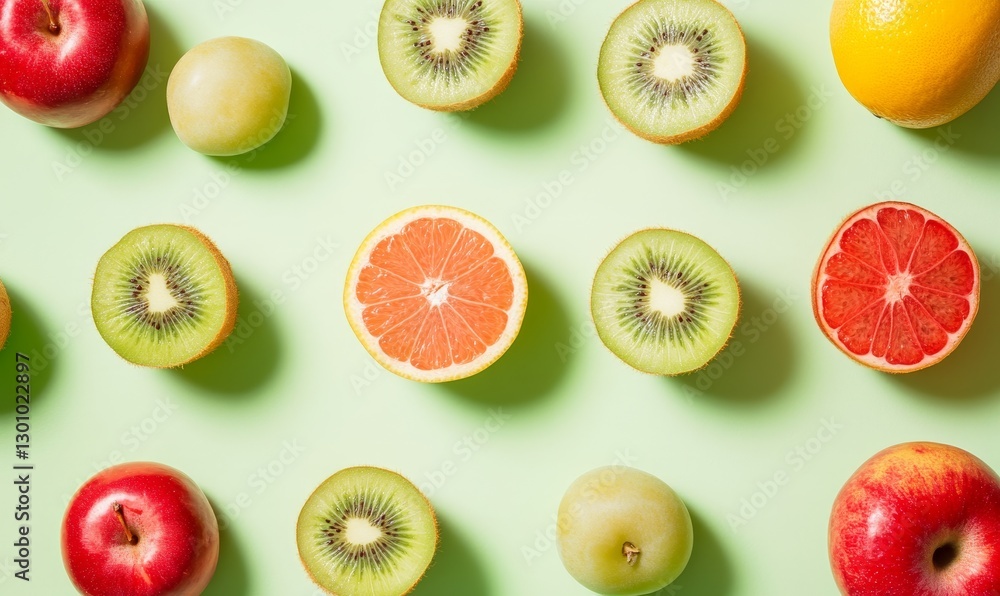 Fototapeta premium Colorful fruit slices arranged on vibrant green background.