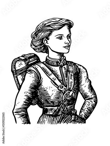 Vector engraved illustration of a confident female soldier with a backpack and military gear