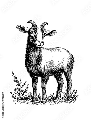 Engraved vector illustration of a goat in a natural setting with vegetation