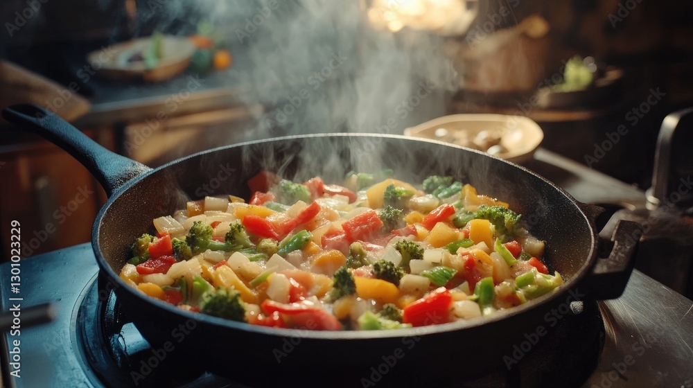 Frozen vegetables in a cast iron round frying pan. Cooking vegetable dishes. Frozen vegetables in a cast iron round frying pan. Cooking vegetable dishes.