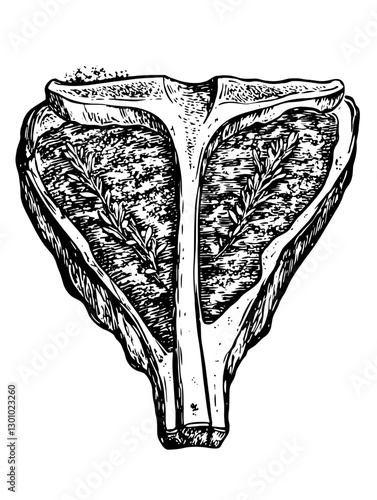 Engraved illustration of a unique meat cut for culinary design in a rustic style